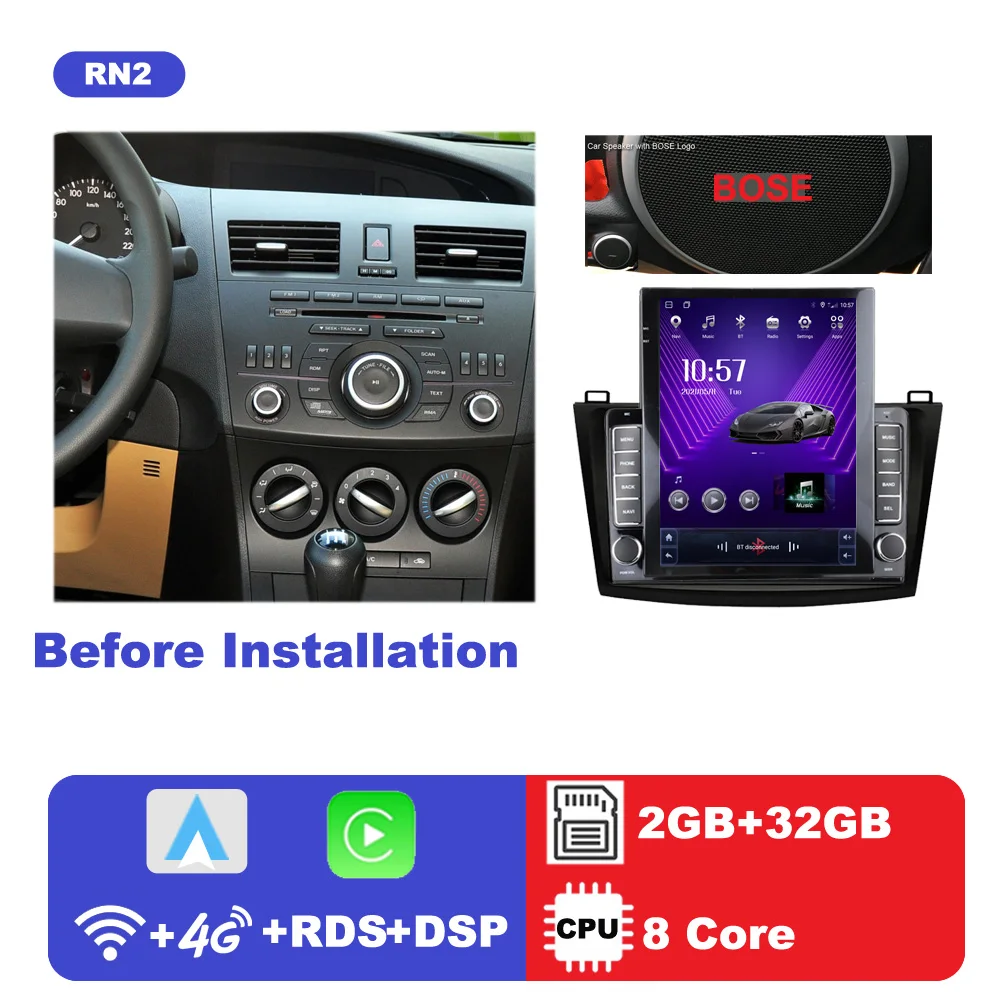 Eonon Mazda 3 2010-2013 Android 14 Car Stereo – 9″ IPS Display, 3GB RAM, 32GB ROM, Wireless CarPlay & Android Auto