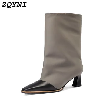 2022 microfiber and cowhide boots women's mid-calf shoes stiletto pointed toe sexy women's boots 3