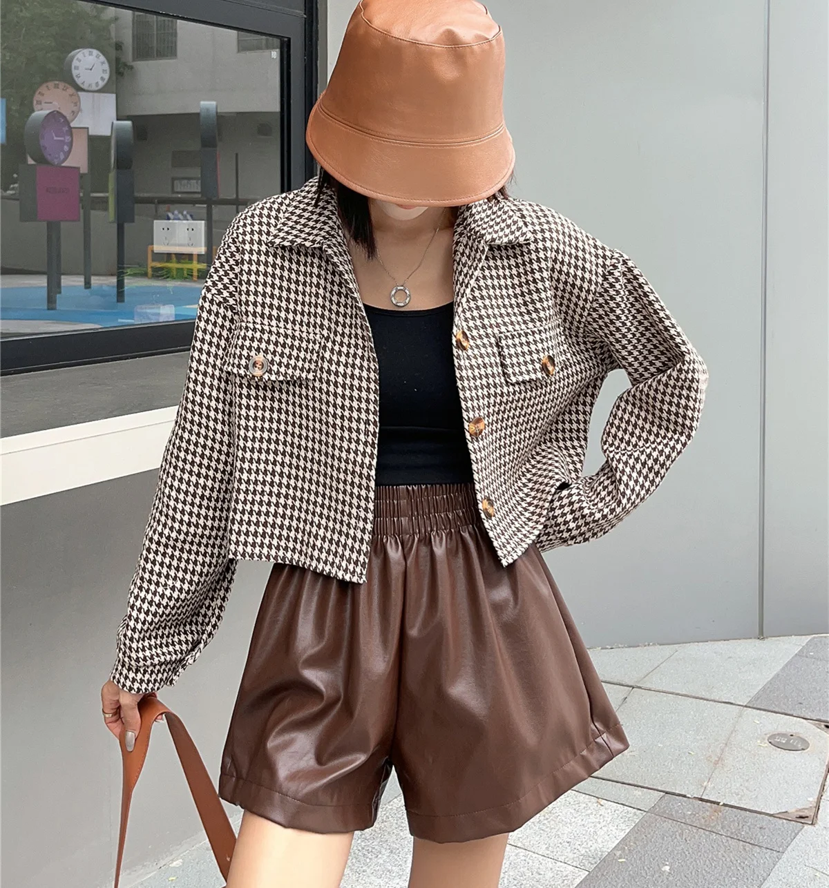 

2023 Autumn/Winter New Thousand Bird Plaid Coat Women's Small Loose Short Denim Coat