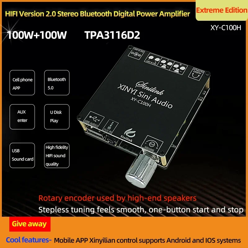 

XY-C100H HIFI 2x100W TPA3116D2 AUX+ Bluetooth 5.0 HIFI Digital Power Stereo Amplifier Board AMP Amplificatory Home Theater