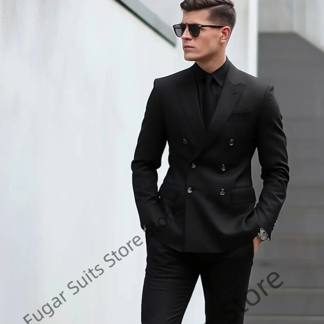 Black Double Breasted Wedding Men Suits Slim Fit Peak Lapel Groom Formal Tuxedos 2 Pieces Sets Classic Male Blazer Costume Homme
