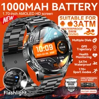 New AK87 1000mAh Battery Men Outdoor Smart Watch 1.7-inch Screen GPS Flashlight 3ATM Waterproof Bluetooth Call Sports Smartwatch