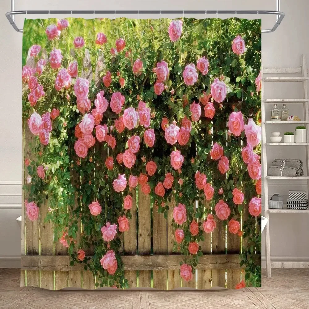 Fence Flowers Shower Curtains Blue Window Nature Floral Plants Scenery Modern Garden Wall Hanging Home Bathroom Decor with Hooks 5
