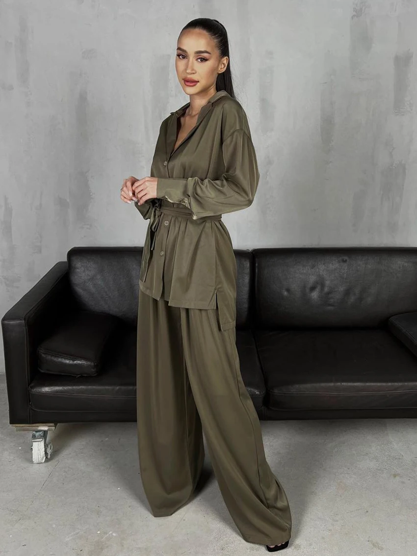 Marthaqiqi Fashion Women Sleepwear Suit Sexy Turn-Down Collar Nightwear Long Sleeve Lace Up Pajama Wide Leg Pants Nightgowns Set