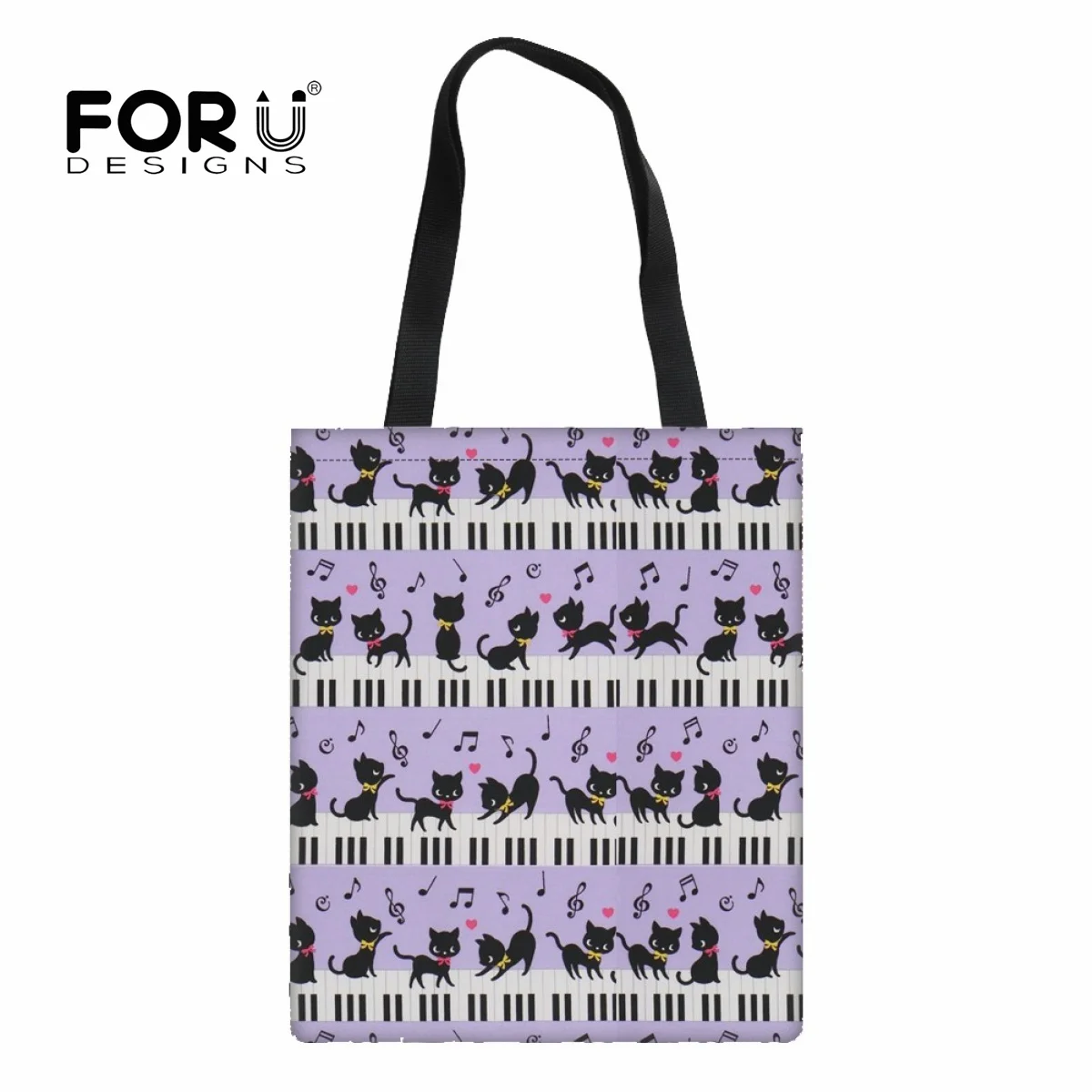 

FORUDESIGNS Women Shopper Bag Piano Music Cute Cat Printed Shopping Canvas Shopper Bag Girl Handbag Tote Shoulder Lady Bag