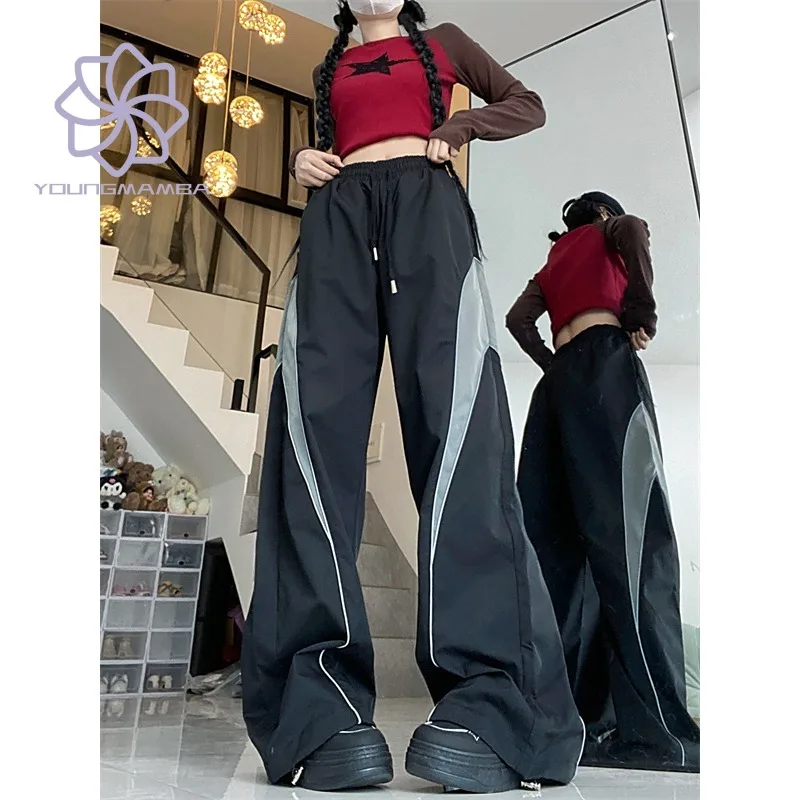 

American Contrast Color Patchwork Sports Pants Women 2023 Straight Casual Loose Wide Leg High Waist Trousers Female