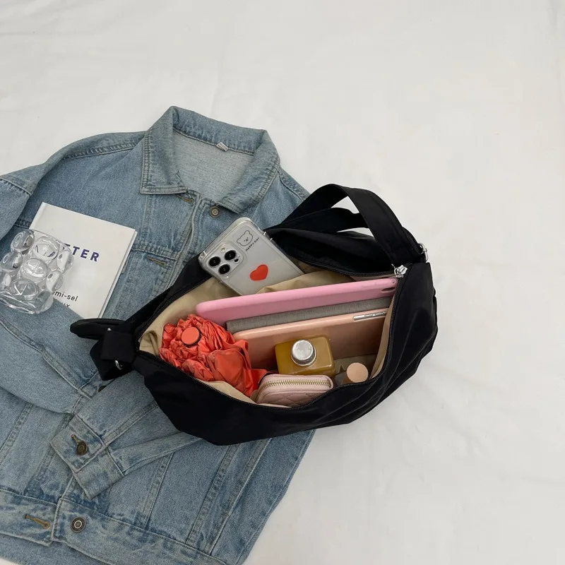 Nylon Cloth Bag for Women Large Capacity 2023 New Summer All-match Zipper Crossbody Bag Trend Design Solid Color Storage Bag