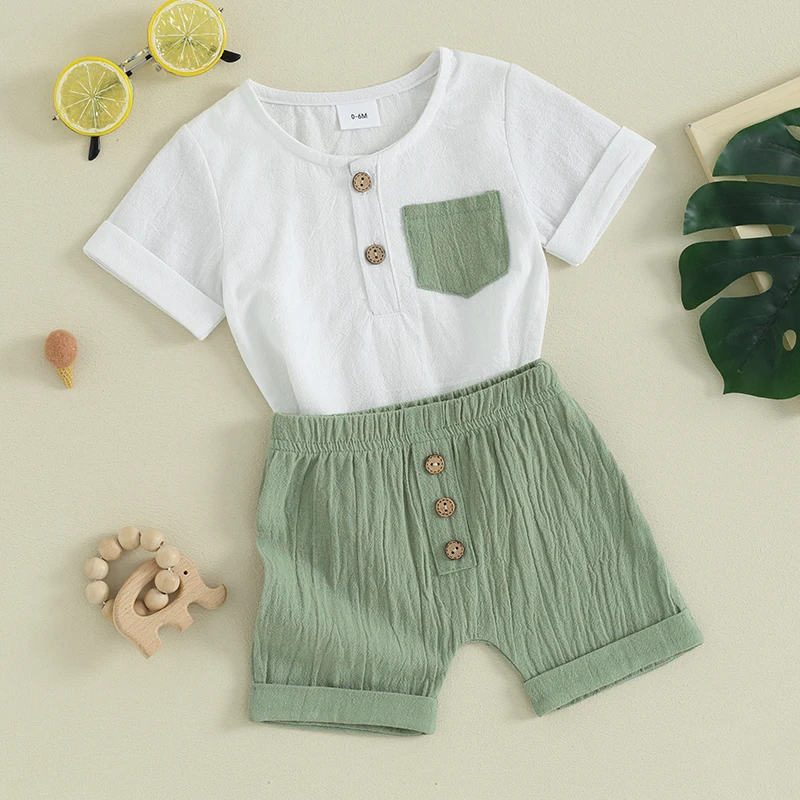 

Baby Boy Summer Outfit 2 Pcs Clothes Contrast Color Half Button Short Sleeve T-shirt and Elastic Waist Shorts Set
