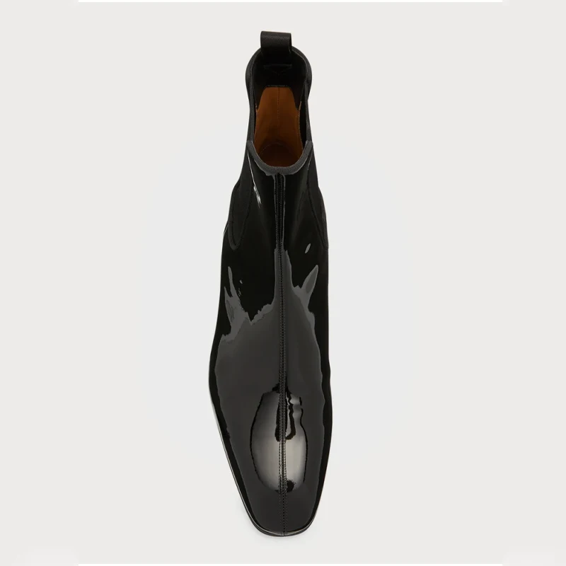 Patent Leather Men's Boots Stylish Black Shoes Winter Retro Style Ankle Boots Slip On Casual High-top Wear-resistant Men's Shoes