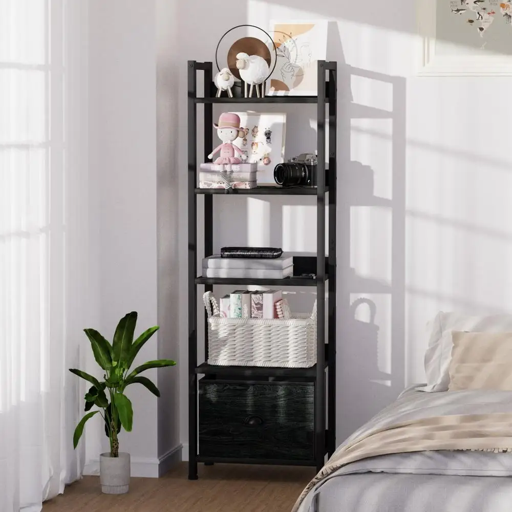 5 Tier Ladder Bookcase with Adjustable Shelves and Removable Fabric Drawer Living Room Bedroom Office Storage Organizer 4