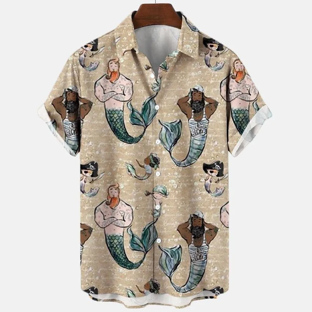 

2023 Summer Retro Mermaid Shirt 3d Hawaiian Shirts Fashion Men's Shirt Casual Short Sleeve Loose Breathable Shirts Top