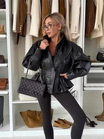 Turn-down Collar Women Winter Faux Leather Coats 2025 Autumn Zipper Slim Female Long Sleeve Elastic Waist Jacket Cool Girls Coat 3