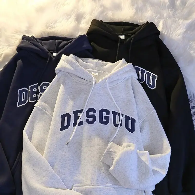 

Korean Women's Casual Sports Shirt White Long Sleeve Versatile Hoodie American Letter Printing Design Couple Style Top