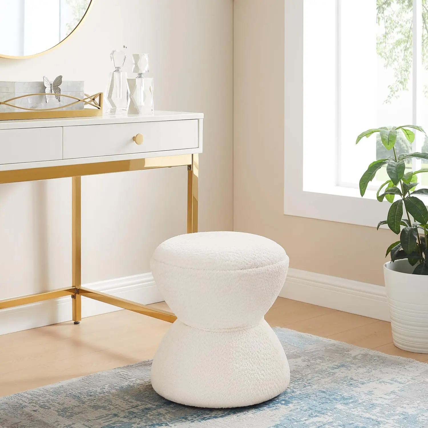 Multi-Functional Boucle Ottoman, Vanity Stool Chair, Sturdy Wooden Footstool, Suitable for Living Room, Bedroom