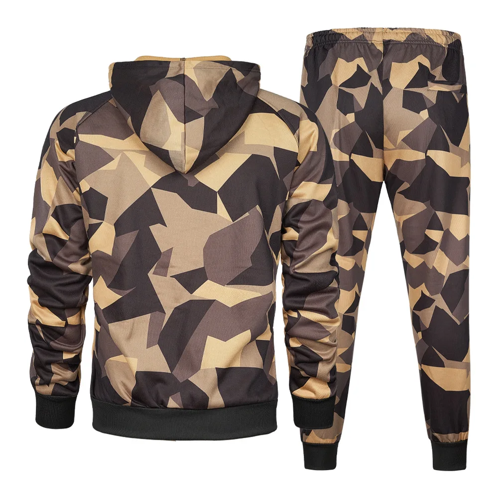 Autumn and Winter New Hooded Drawstring Fleece Camouflage Two-piece Men's Casual Sports Set