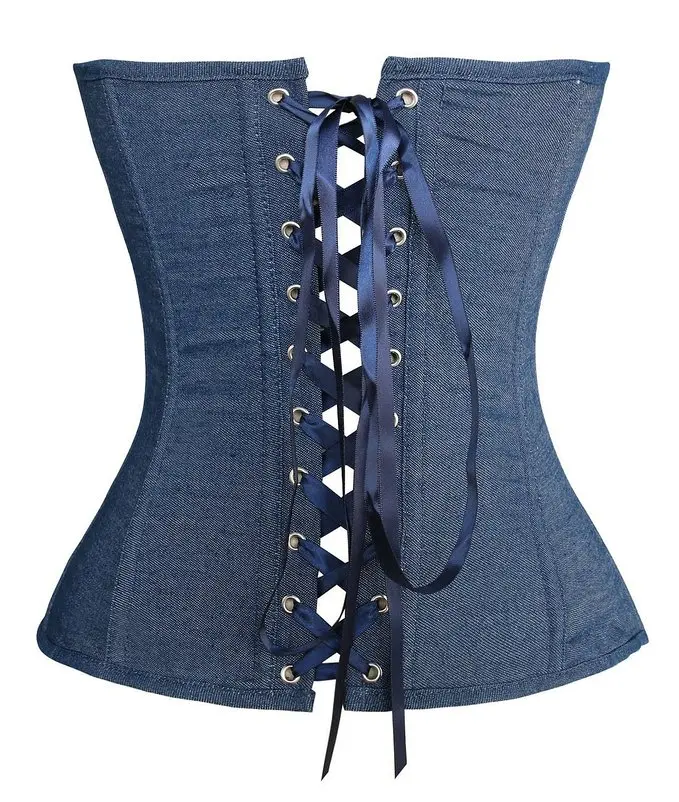 Sexy Denim Buckle Overbust Corset Women Gothic Strapless Retro Corsets Waist Cincher Bustier Sexy Lingerie Corselet Blue 6XL
