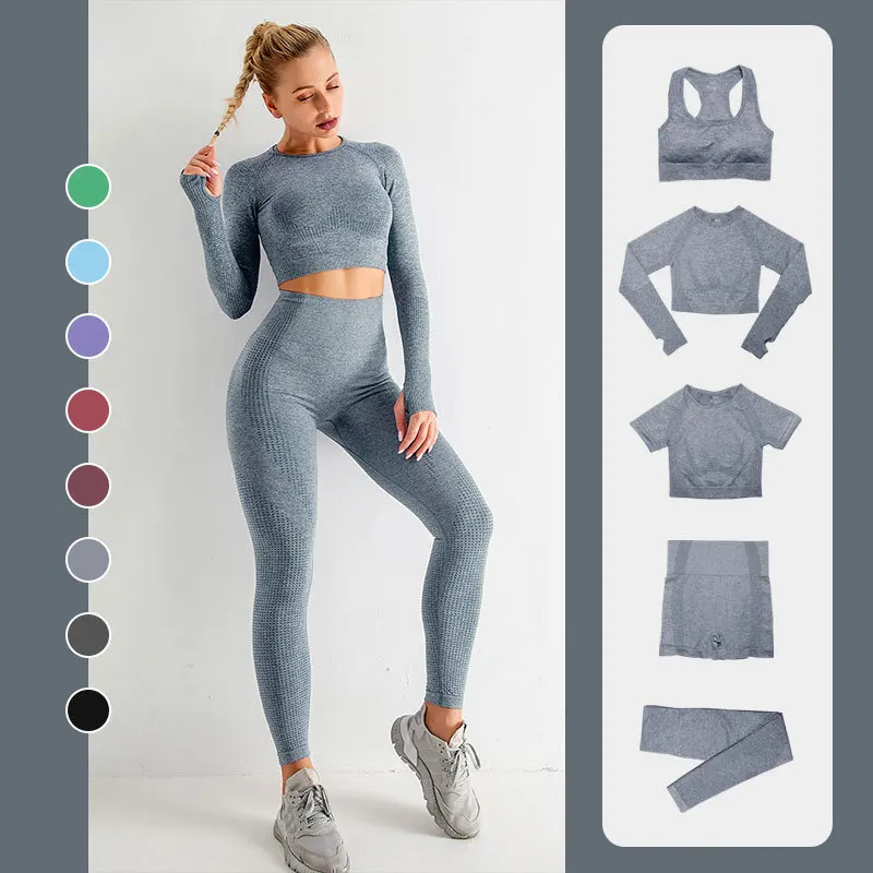 

5pcs Yoga Set Seamless Fitness Suit Women's Sports Yoga Suit Quick-drying Long Sleeve Crop Top High Waist Leggings Gym Clothing