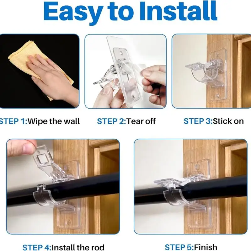 6-Pack No Drill Needed Curtain Rod Holders Brackets,Multipurpose Nail Free Stick on Curtain Rod Hooks