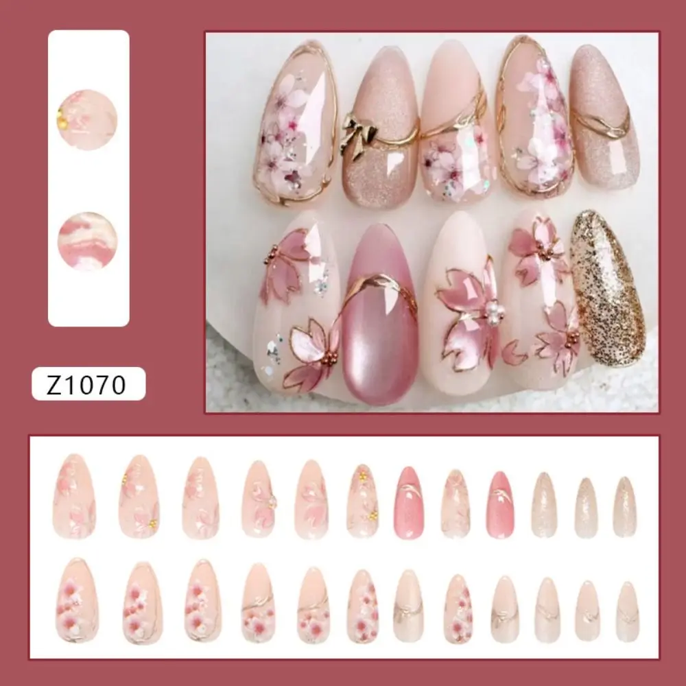 24pcs Manicure Long Almond False Nails French Bow Pearl Fake Nials Aurora Wave Flower Starburst Press on Nails DIY