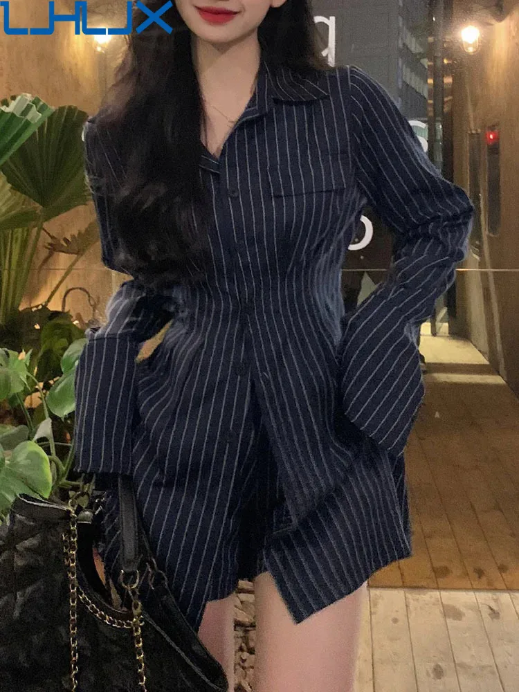 

LJHLJX Casual Versatile Striped Shirt Set For Women Clothing 2024 Spring New Trend Tops+short Pants Two Piece Sets Female AH655