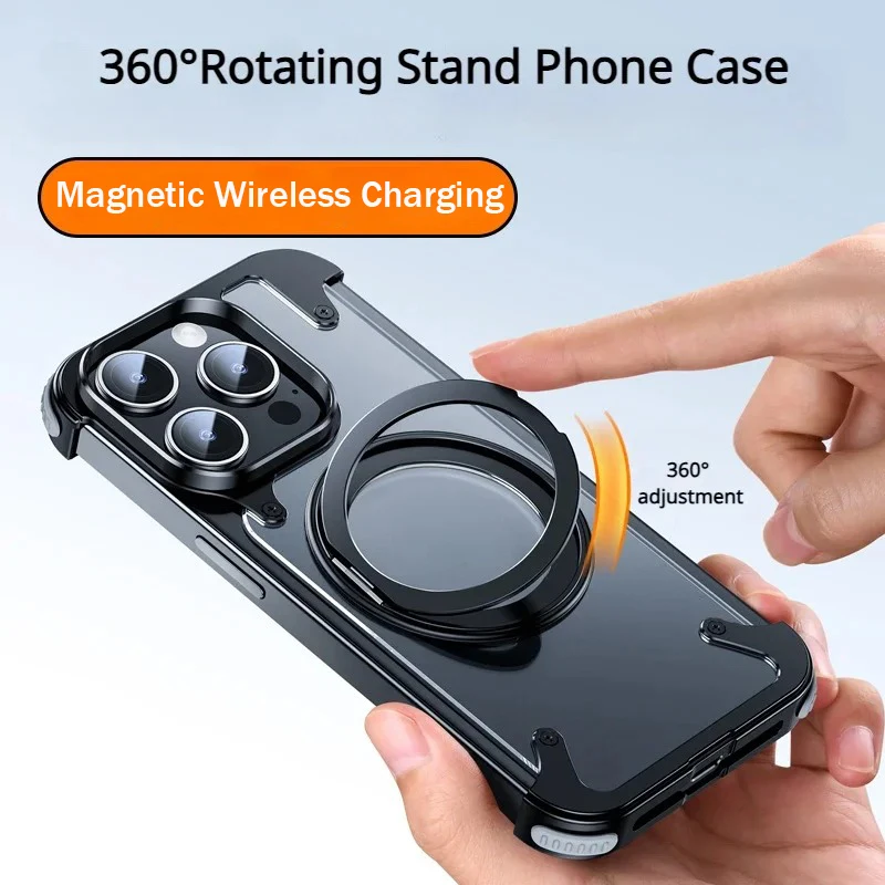 For iPhone 15 Pro Max Case Aluminum Alloy Metal Bumper Magnetic 360° Rotate Stand Rimless car Phone holder 14 13 Spider Cover