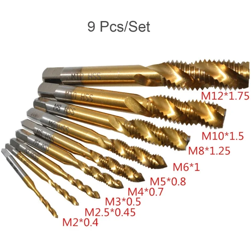 

9pcs M2-M12 Titanium Coated High Speed Steel HSS Screw Thread Metric Spiral Hand Plug Tap Drill Bits Kit