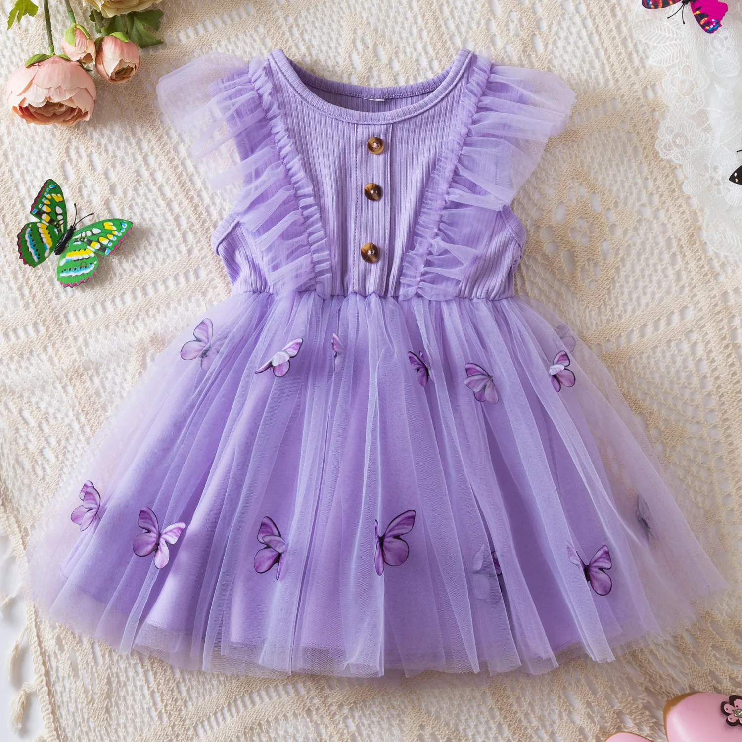 

New Fashion Sequin Butterfly Wings Girls Dress Summer Strap Embroidery Mesh Princess Baby Dress Birthday Party Kids Clothes 1-6Y