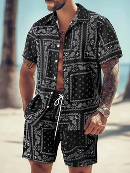 2025 Set camicia a maniche corte da uomo con stampa modello retrò nero e blu per le vacanze estive casual alla moda e quotidiane 1