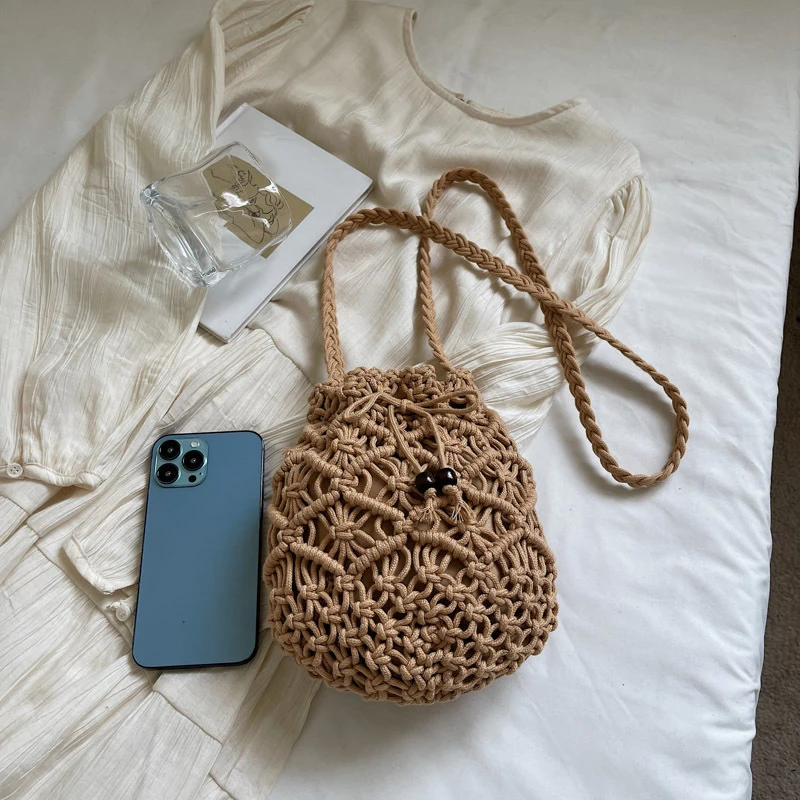 Summer Travel Bag Woven Beach Bag Ladies Crossbody Bag Women Handle Female Bucket Tote Bags Knit