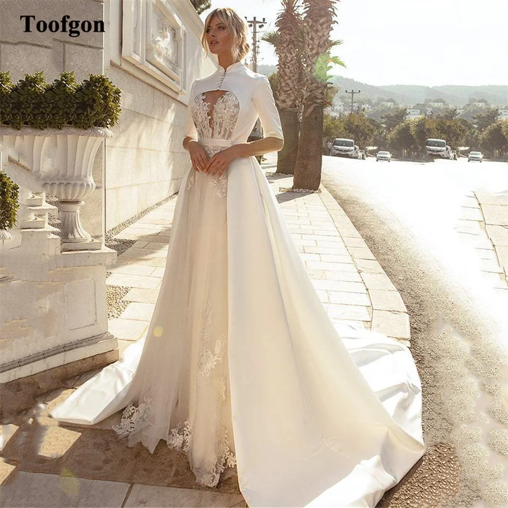 

Toofgon 2 Pieces Tulle Formal Wedding Dresses With Satin Half Sleeves Coat Women Formal Bride Wedding Gowns Bridal Party Dress