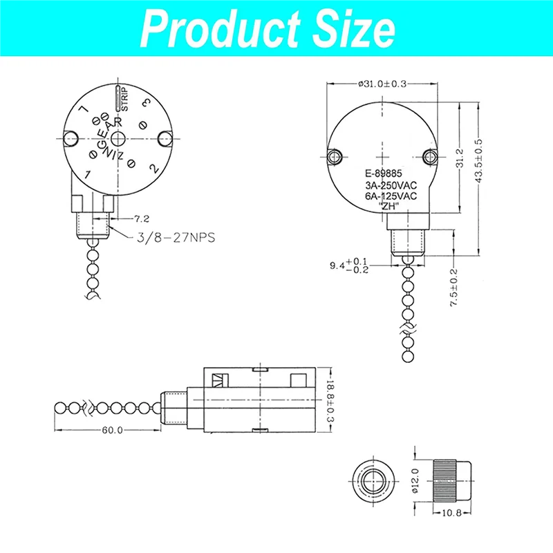 Zing Ear ZE-208S 3-Speed Ceiling Fan Switch With Pull Chain – 4-Wire Replacement For Hunter & More