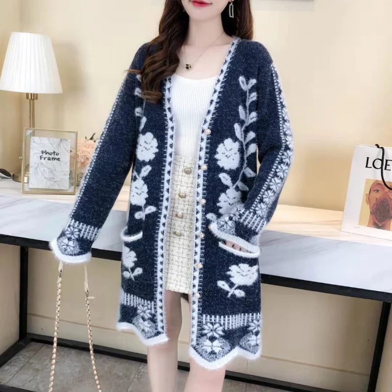 Cardigan Sweater Women's Knitwear Coat European and American Sexy Mid-Length Slim Knit Imitation Mink Wholesale