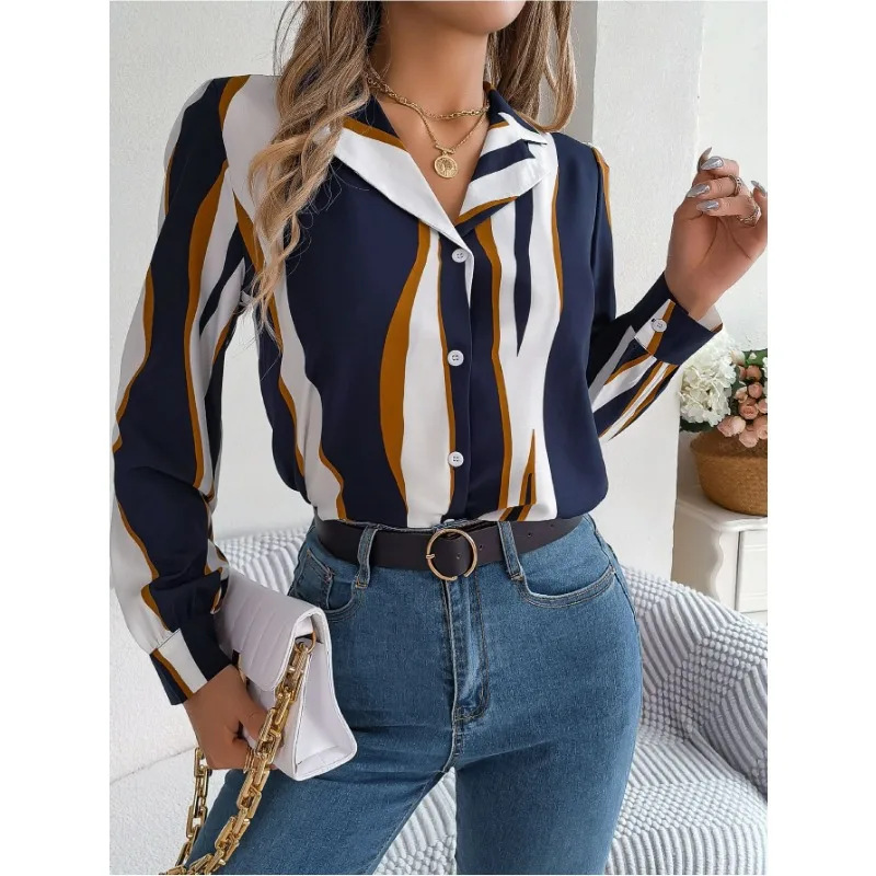 

Women Striped Print Loose V-neck Shirt Autumn Winter 2023 Blouse Tops Women Long Sleeve Single-Breasted Turn-down Collar Shirt