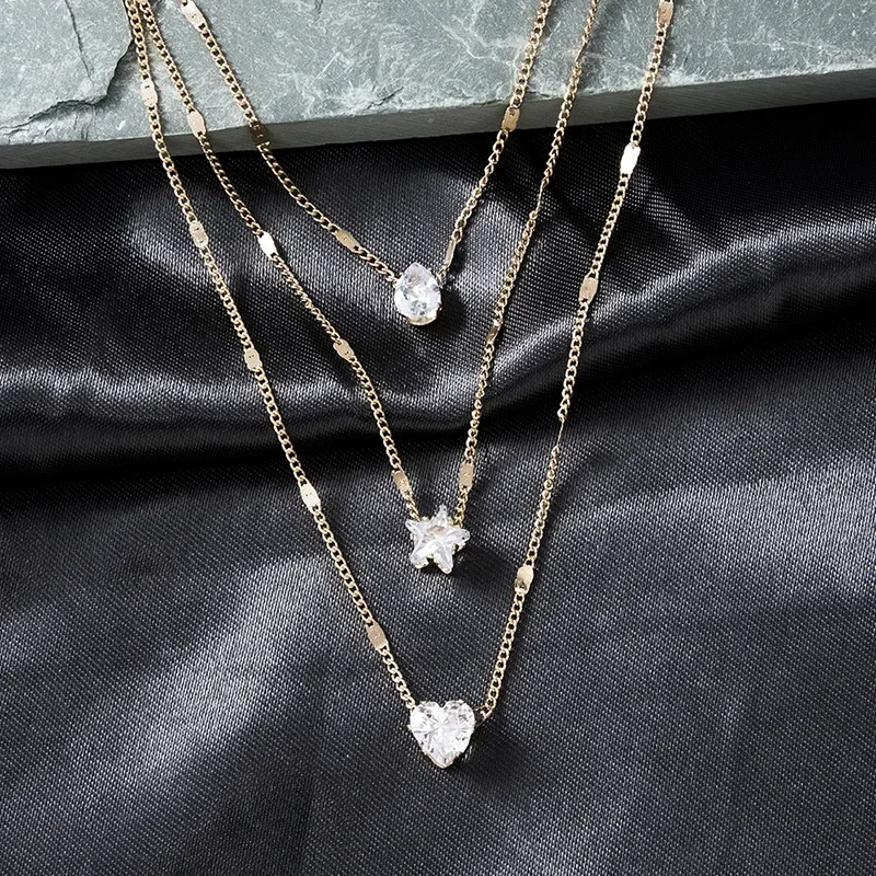 

CHUANGCHENG 925 Sterling Silver Fashionable and Minimalist Multi-layer Five-pointed Star Love Water Drop Collarbone Chain