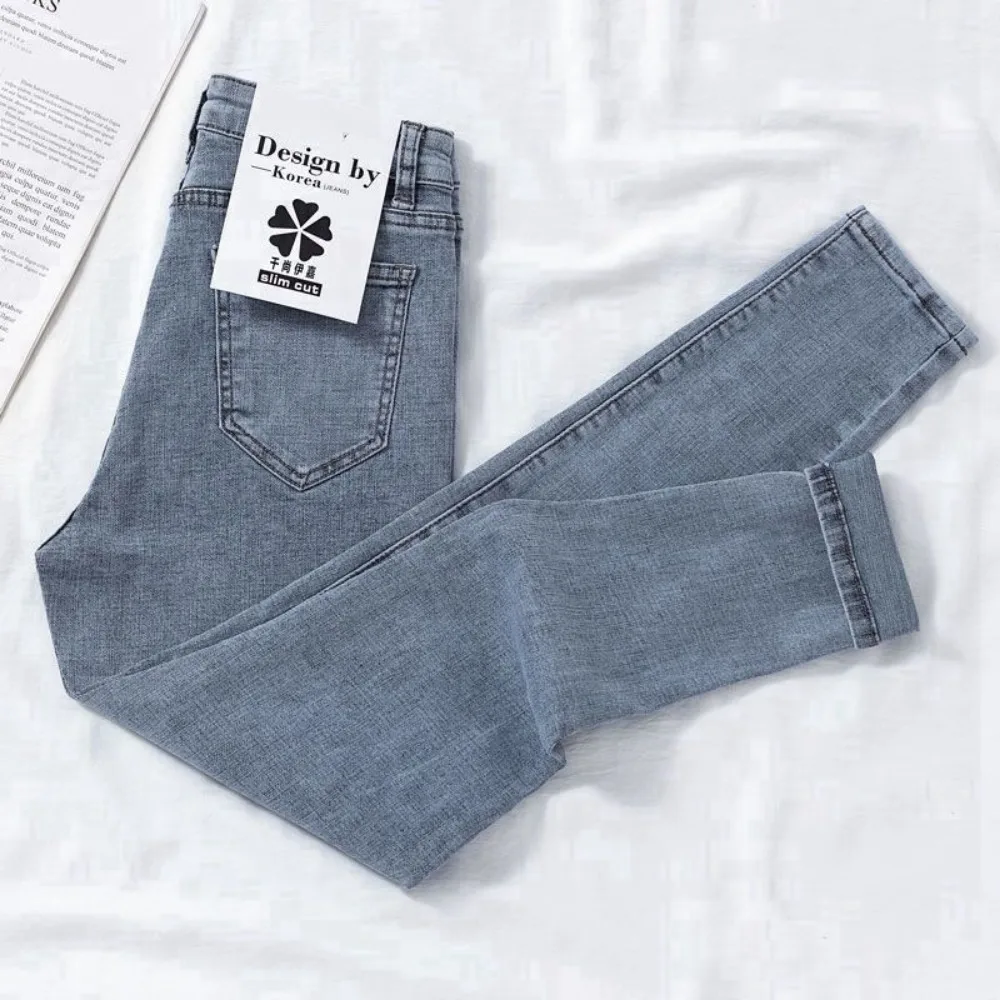 2024 New Spring Autumn Season Blue Pencil Jeans Womens Mid Waist Skinny Vaqueros Fashion Plush Denim Capris Slim Jean Trousers