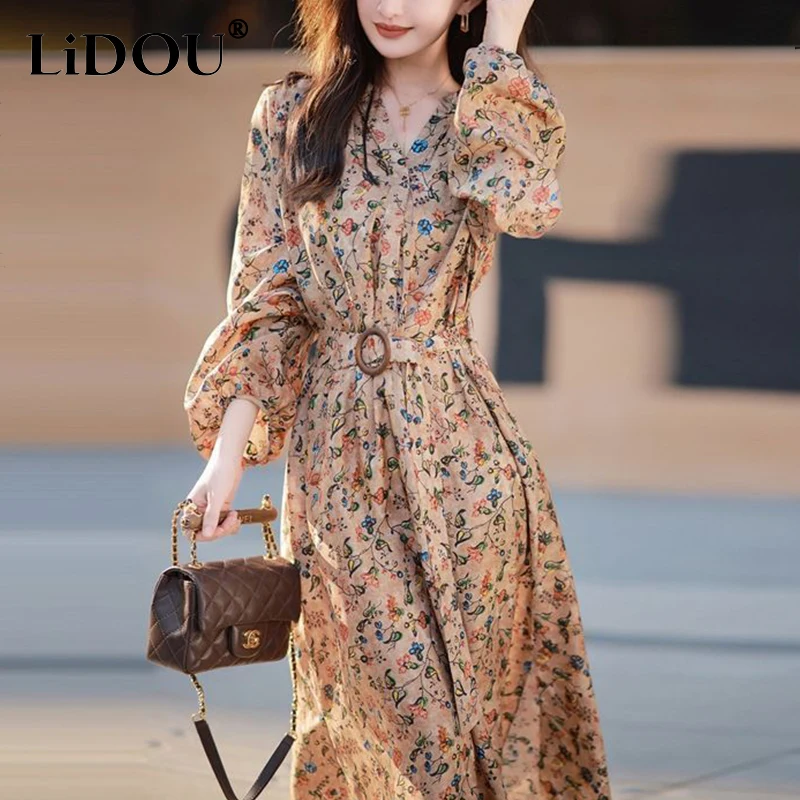 

Spring Autumn Literary Vintage Floral Printing Casual Fashion Waist Vestidos Ladies V-neck Lantern Long Sleeve Robe Dress Women