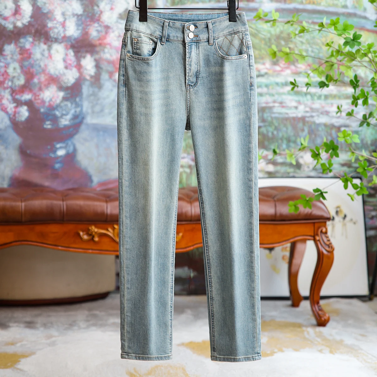 

Temperament Double-button Waisted Cigarette Pipe Jeans Female Commuting Versatile 2023 Summer New Slim Washed Pants Clothing