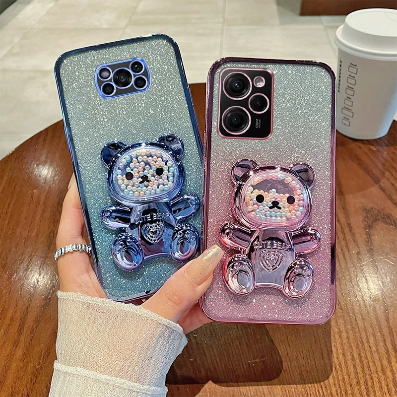 Glitter Bright Plating Bear Holder Silicone Stand Case Cover