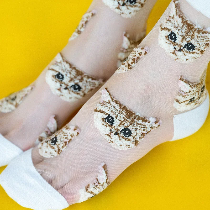 Women Transparent Cute Cat Socks Kawaii Ladies Japanese Fashion Korean Trendy Summer Thin Crystal Silk Sock Glass Fiber Stocking