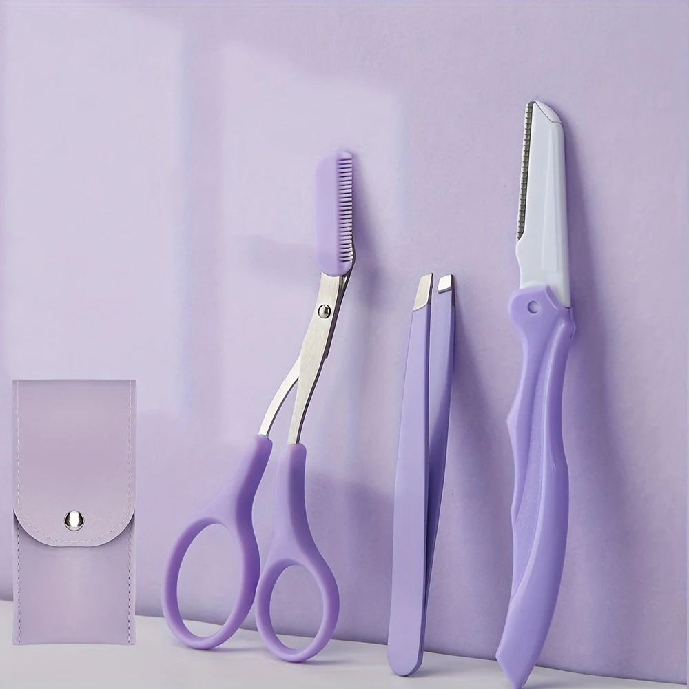 Purple 3Pcs Eyebrow Trimmer Eyebrow Razor Kit Eyebrow Scissors Eyebrow Comb Razor for Face Tweezers Eyelash