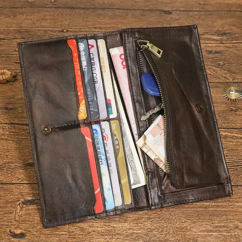 Handmade Vintage Leather Long Wallet for Men with Multiple Card Slots and Coin Holder