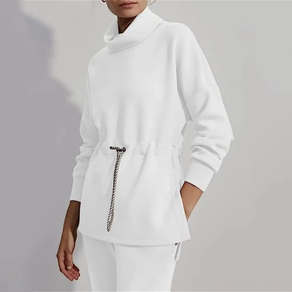 

Women Solid Color Pullover Sweatshirt Cozy High Collar Drawstring Waist Women's Pullover Warm Stylish Winter Blouse with Loose