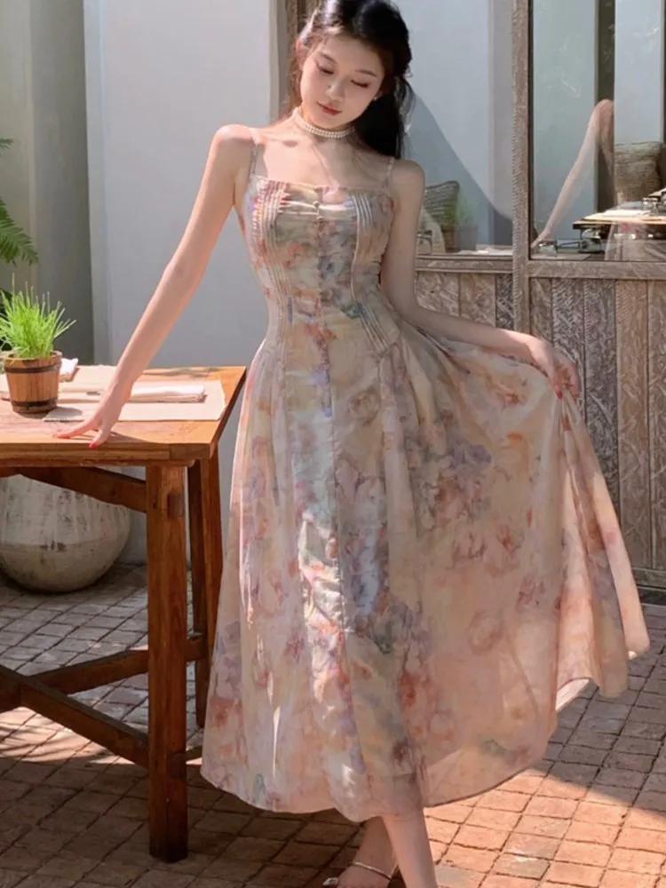 

Summer Backless Chiffon Midi Dress Chic Spaghetti Strap Vintage Floral Printed A Line Vestidos Elegant Holiday Party Clothing