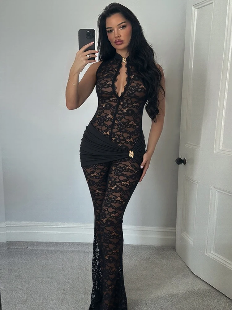 Nibber Streetwear Patchwork Jacquard Jumpsuit Woman Sexy Ruched Waist Metal Knot Stretch Skinny Midnight Workout Overalls