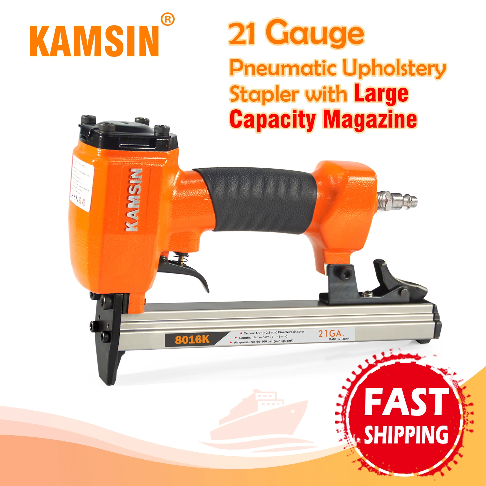 KAMSIN 21 Gauge 8016k Pneumatic Upholstery Stapler, Fits 12.8mm Crown, Leg Length 6-16mm Staples, for Door, Window, Woodworking 17pcs self centering hinge tapper core drill bit set 8 replacement drill bits woodworking adjustable door window drill bits