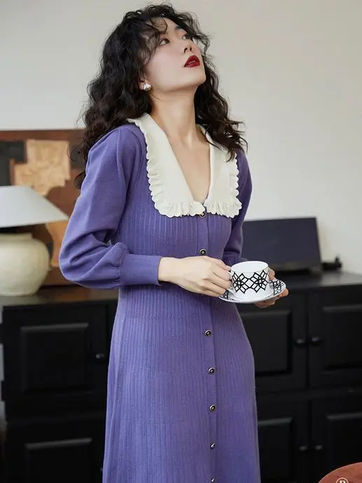 

Women Elegant Peter Pen Collar Long Sleeve Bodycon Split Dress Sexy Fashion Knit Vestidos Elastic Slim Sweater Dress R180