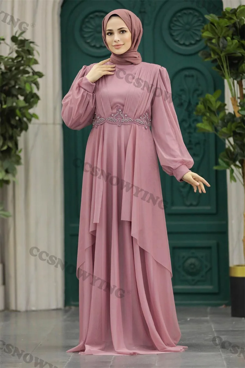 

Long Sleeve Hijab Muslim Evening Dresses Chiffon Appliques High Neck Islamic Formal Party Gown Women Arabic Dubai Robe De Soiree
