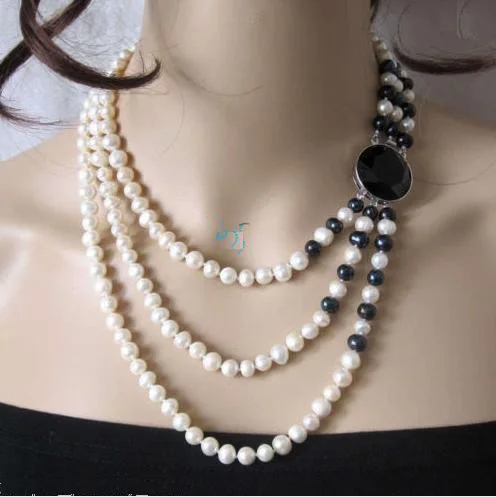 

Unique Design AA Pearl Jewelry,17-21'' 7-8mm 3 Rows White Black Freshwater Pearl Necklace,Perfect Wedding Birthday Lady Gift