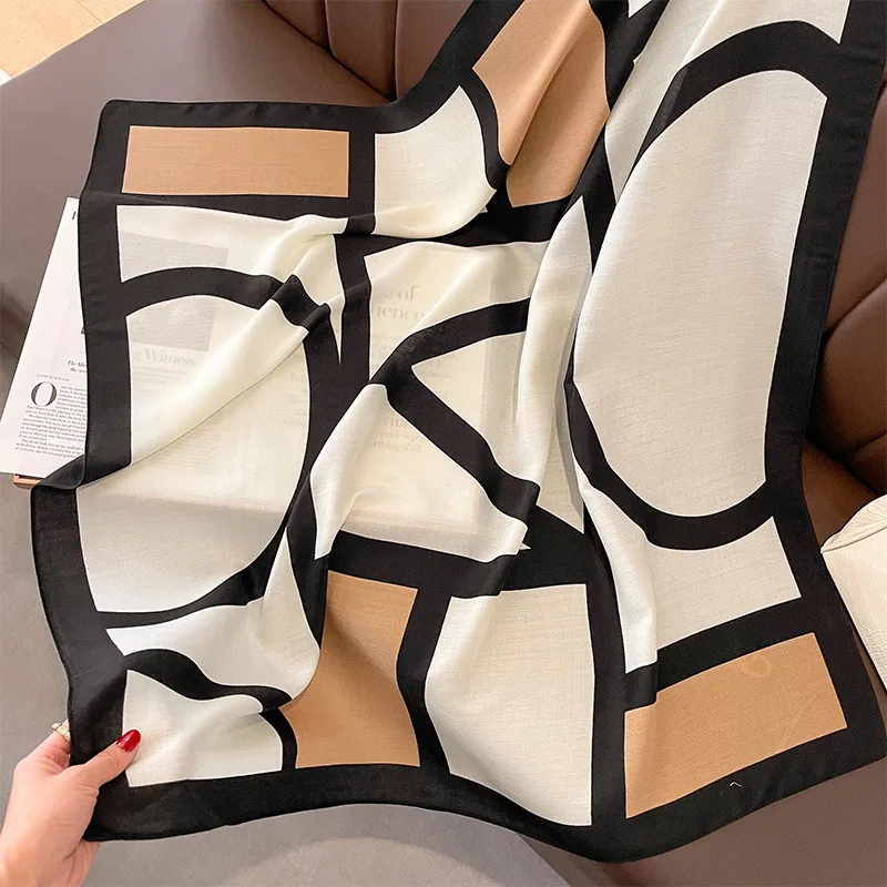 Women Spain Brand Design Scarf New Fashion Geometric Cotton Scarves Square Small Handkerchief Neck Snood Bag Hijab Snood 90*90Cm 5