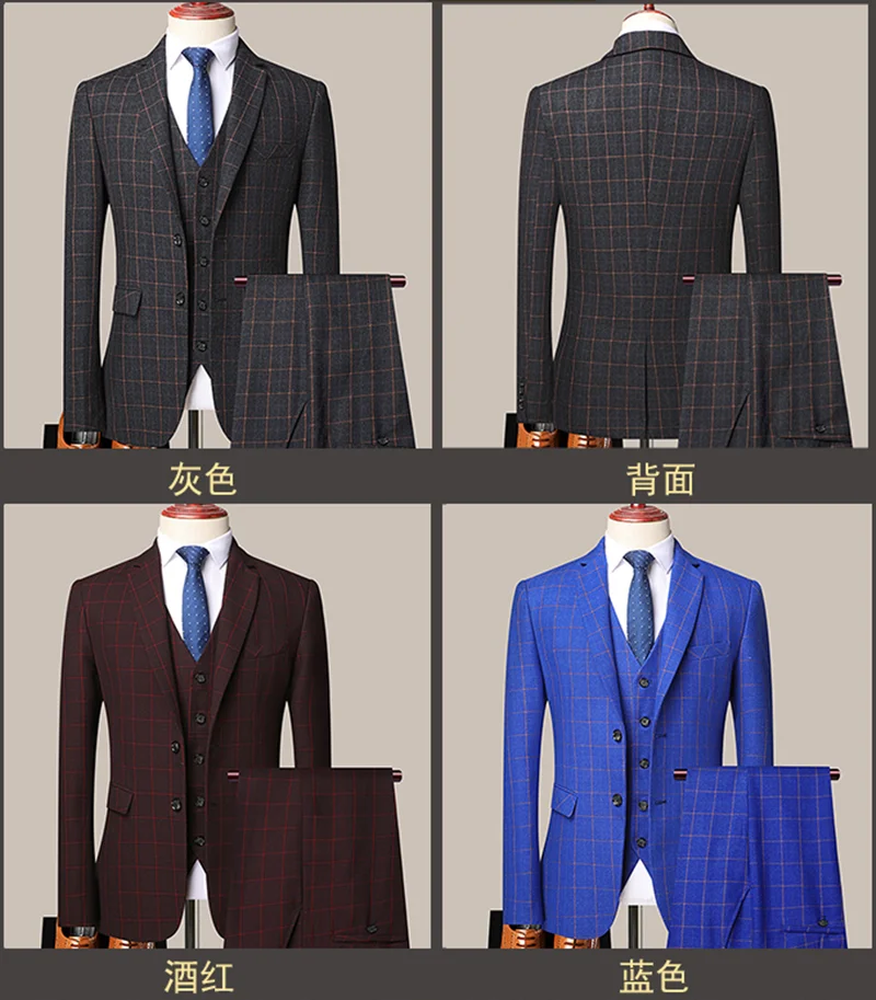 Boutique (Blazer + Vest + Trousers) Men's Italian Style Fashion Business Elegant Gentleman Plaid Slim Casual Dress 3-piece Set